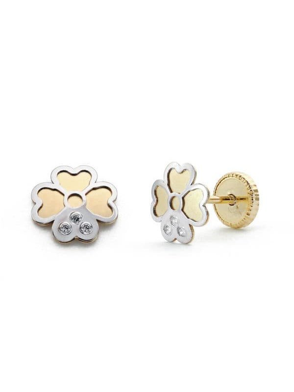 18K PENDIENTES ORO BICOLOR TREBOL. 6 MM
