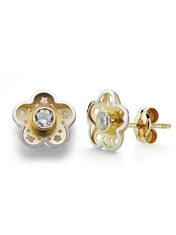 18K PENDIENTES ORO BICOLOR FLOR...