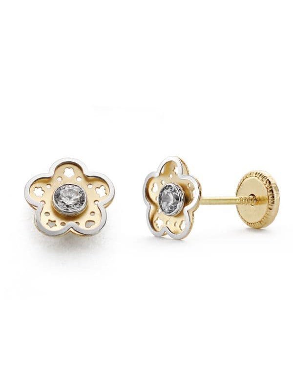 18K PENDIENTES BICOLOR FLOR CIRCONITA...