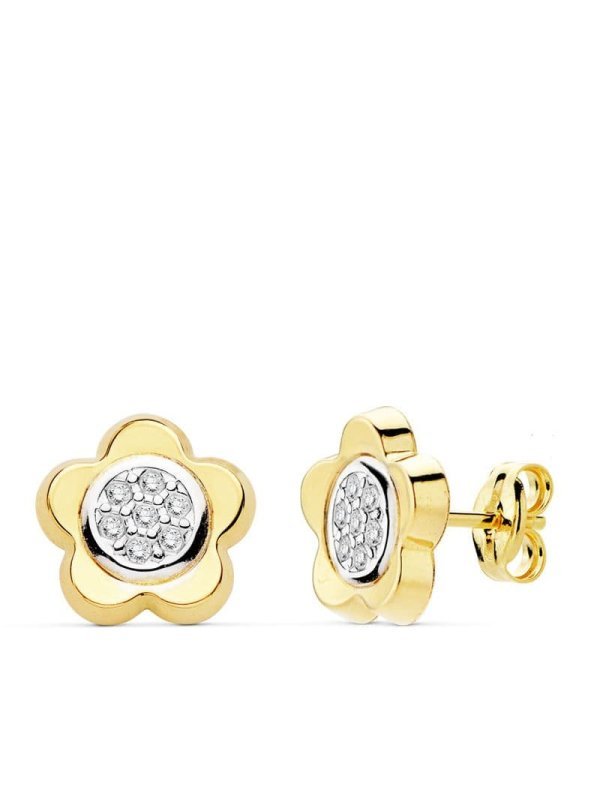 18K PENDIENTES ORO BICOLOR FLOR...