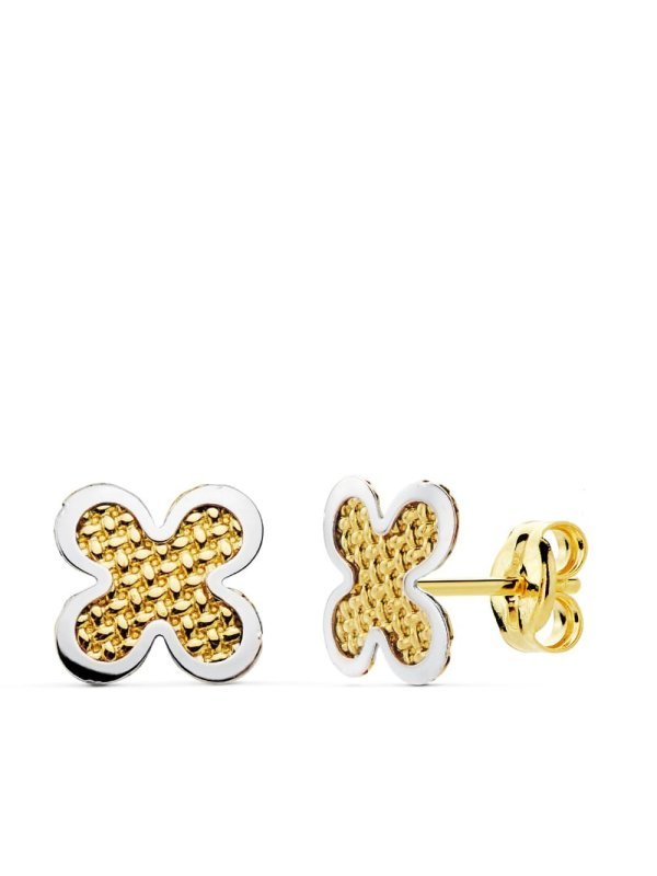 18K PENDIENTES ORO BICOLOR TREBOL 7X7 MM