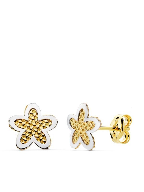 18K PENDIENTES ORO BICOLOR FLOR...