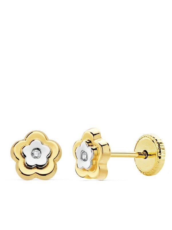 18K PENDIENTES FLOR ORO BICOLOR 6X6 MM