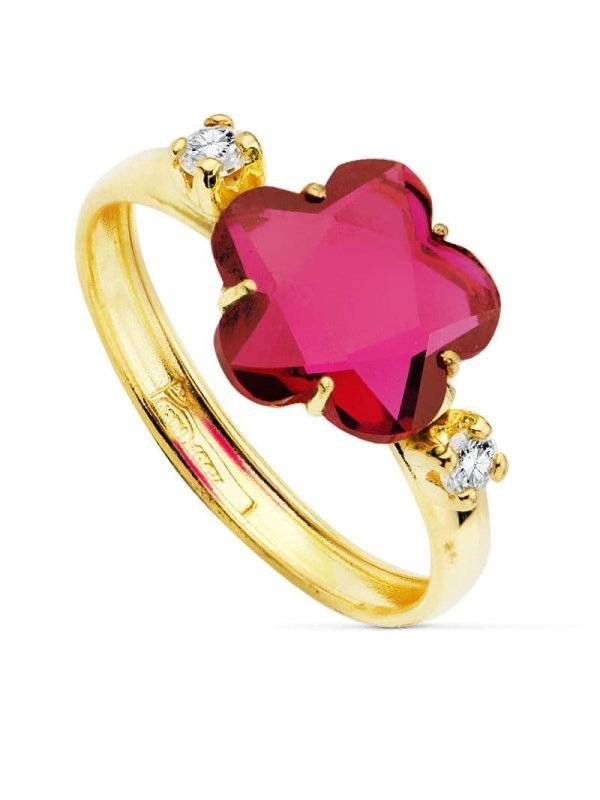 18K SORTIJA PIEDRA ROJA FLOR 10X10 MM