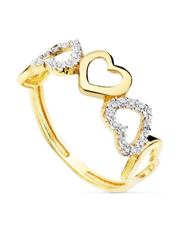 18K SORTIJA BICOLOR CORAZONES CIRCONITAS
