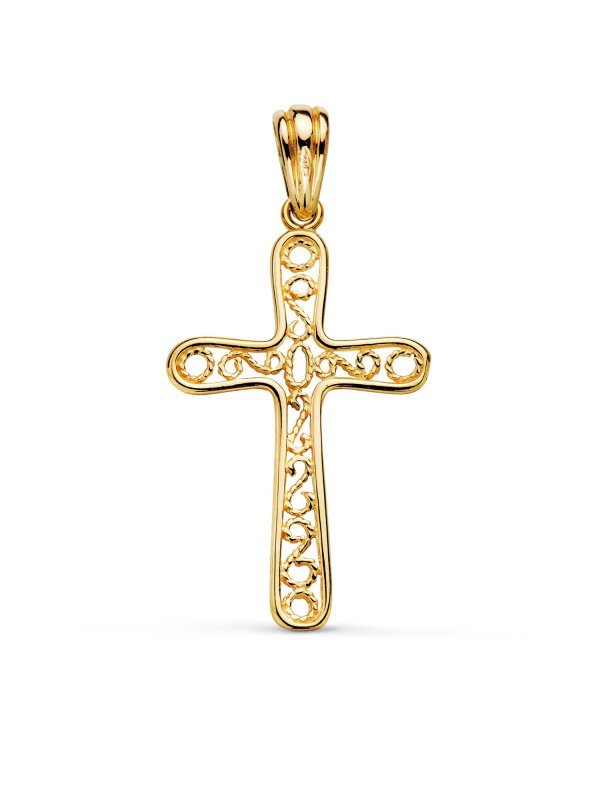 18K CRUZ ORO AMARILLO FILIGRANA 38X22 MM