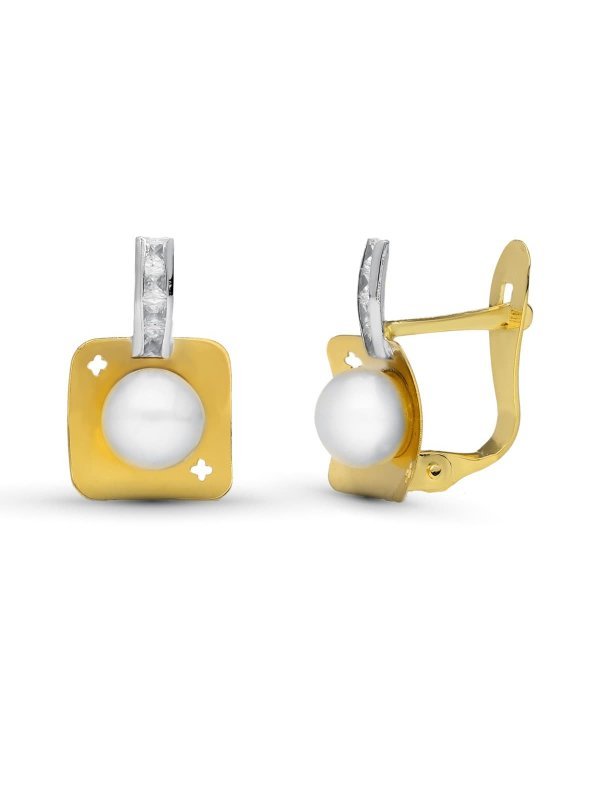 18K PENDIENTES ORO BICOLOR PERLA 12X8 MM