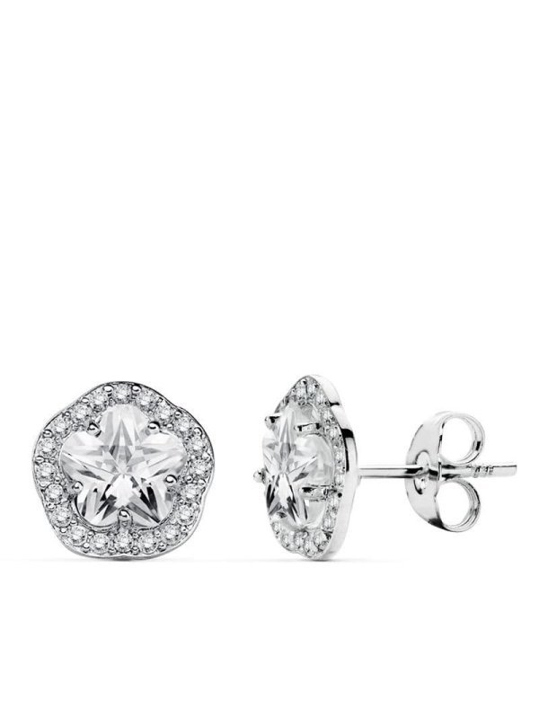 18K PENDIENTES ORO BLANCO FLOR Y...