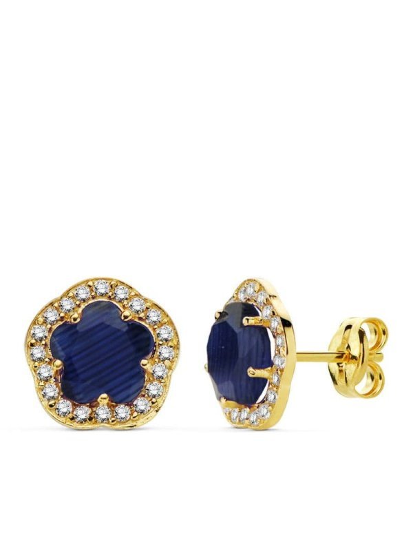 18K PENDIENTES FLOR PIEDRA AZUL. 9X9 MM