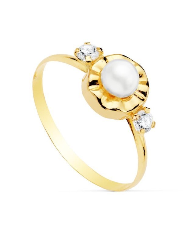 18K SORTIJA CIRCONITAS Y PERLA 4 MM