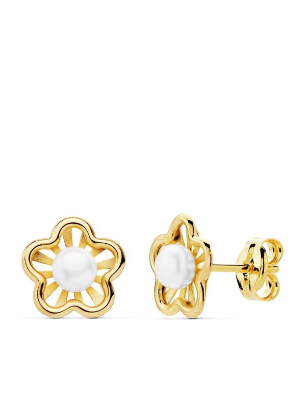 18K PENDIENTES FLOR 8X7 MM PERLAS 3MM
