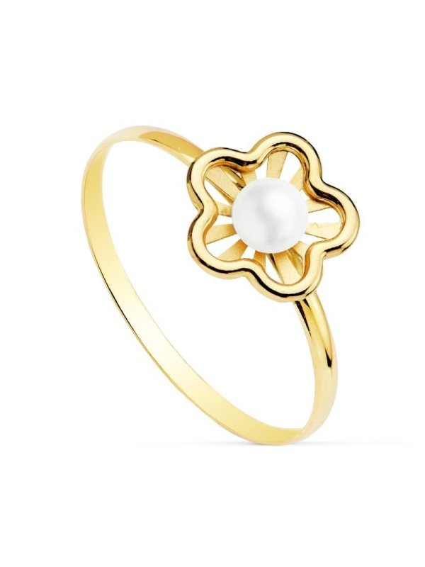 18K SORTIJA FLOR CALADA PERLA 3 MM