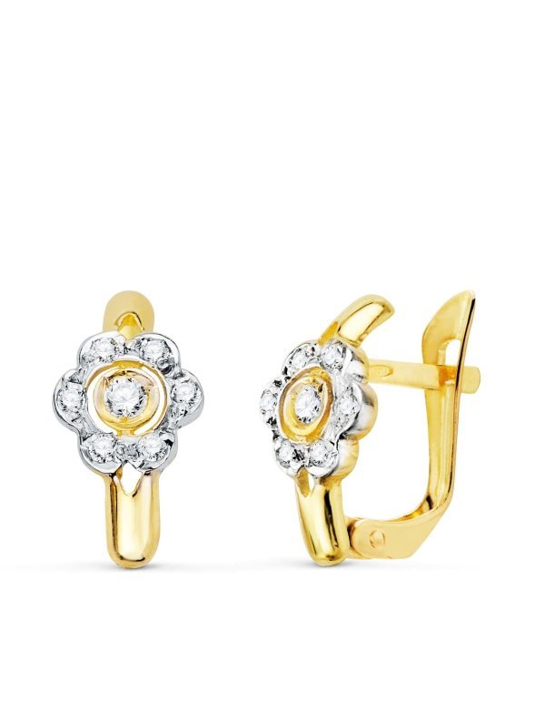 18K PENDIENTES ORO BICOLOR FLOR CON...