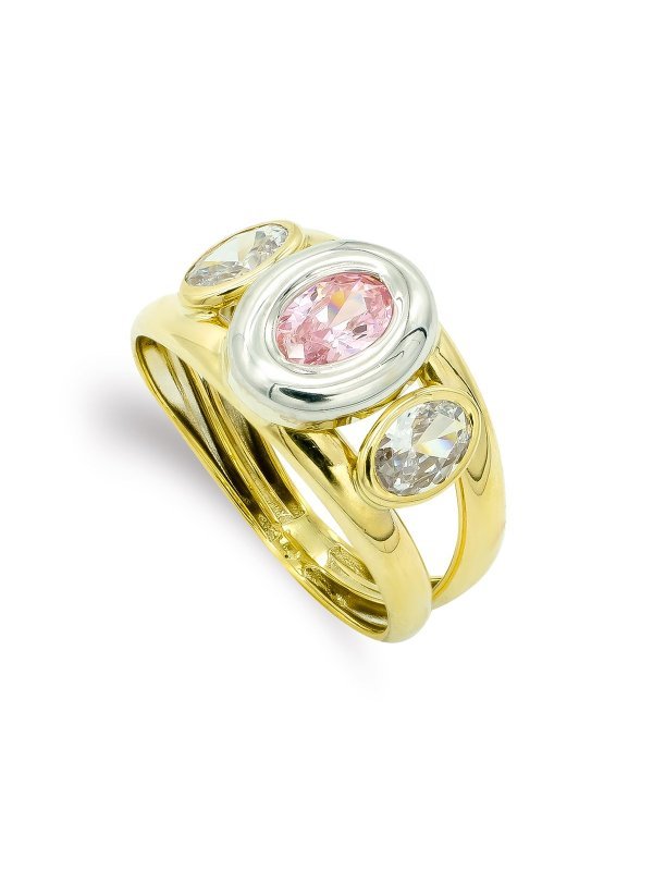 9K SORTIJA BICOLOR PIEDRA ROSA Y BLANCAS