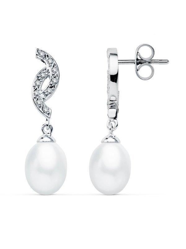9K PENDIENTES ORO BLANCO PERLA 30X9 MM