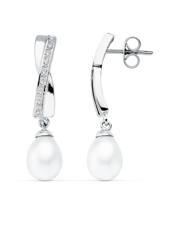 9K PENDIENTES ORO BLANCO PERLA 32X7 MM