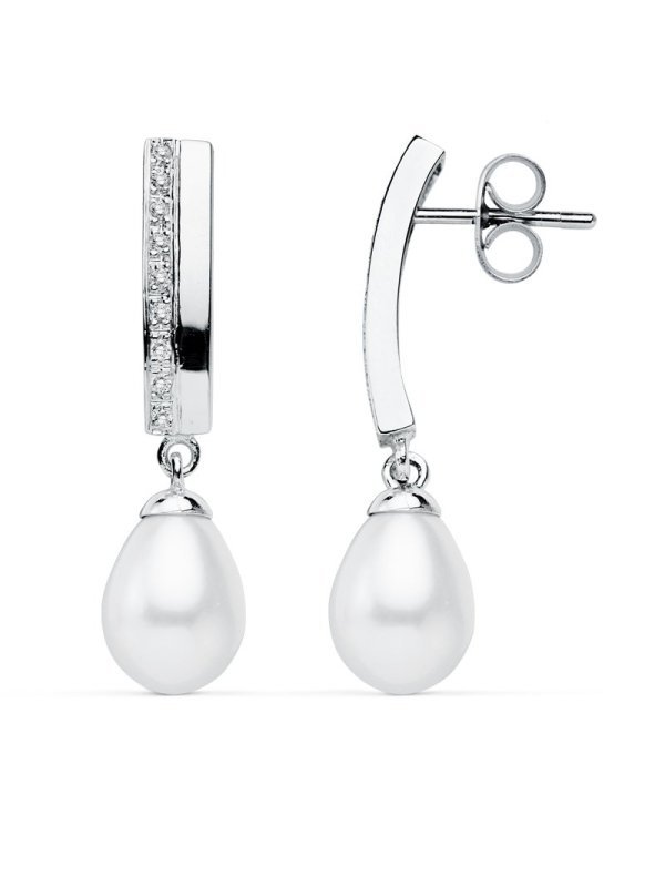 9K PENDIENTES ORO BLANCO PERLA 30X7 MM