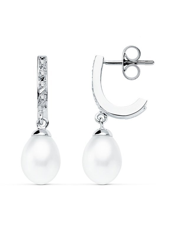 9K PENDIENTES ORO BLANCO PERLA 25X7 MM