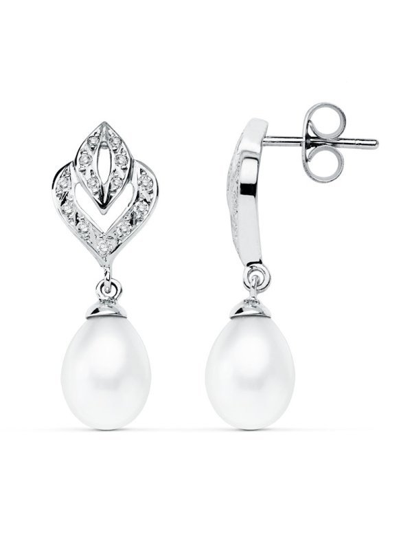 9K PENDIENTES ORO BLANCO PERLA 28X10 MM