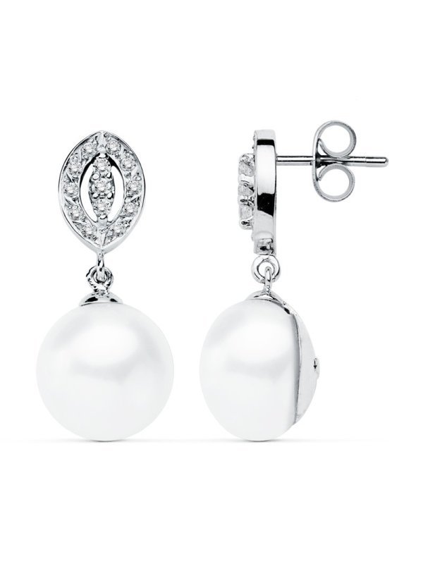 9K PENDIENTES ORO BLANCO PERLA 27X11 MM