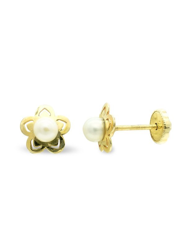 9K PENDIENTES ROSCA FLOR 7 MM Y PERLA...