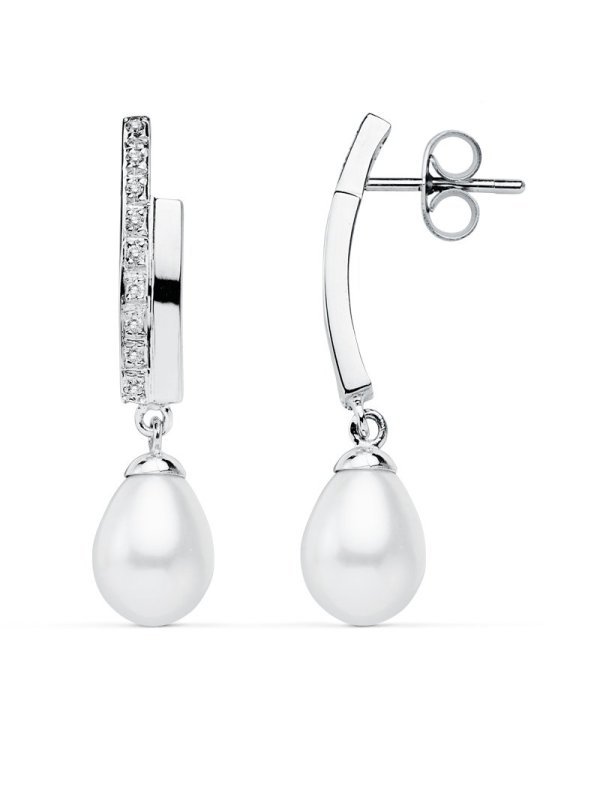 9K PENDIENTES ORO BLANCO PERLA 32X8 MM