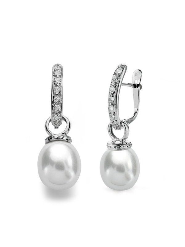 9K PENDIENTES ORO BLANCO PERLA 28X9 MM